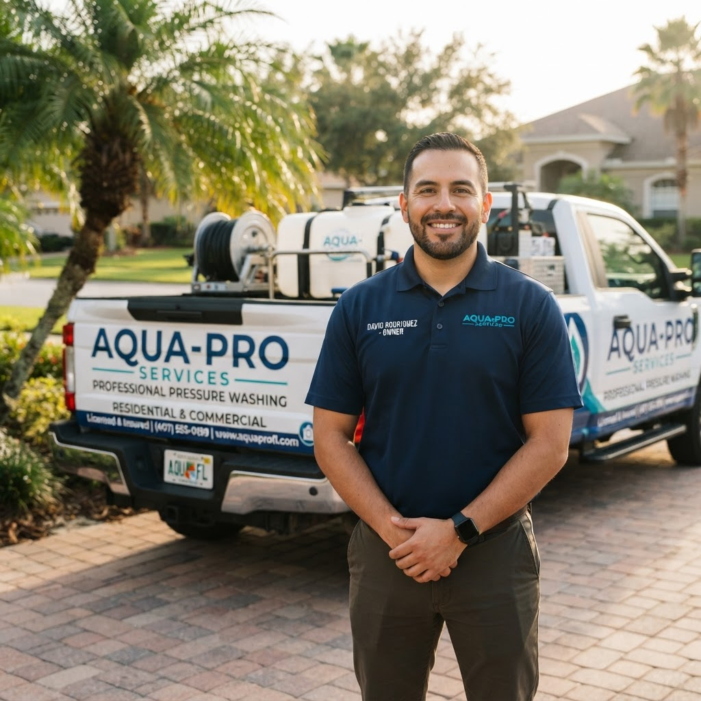 Founder of Clean & Pristine standing in front of a company service truck